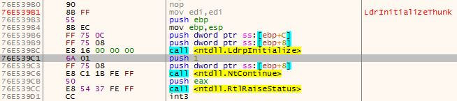 Early Bird Code Injection - 0x76e539c1 led to an address after the call from LdrpInitialize